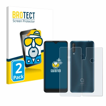 Front side of a product packaging with the brand logo BROTECT. Next to it is the device Alcatel 1S 2020 (Front+Back) shown wit