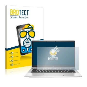 Front side of a product packaging with the brand logo BROTECT. Next to it is the device HP EliteBook 830 G7 Non-Touch shown wi