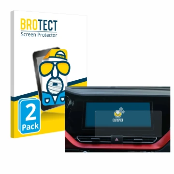 Front side of a product packaging with the brand logo BROTECT. Next to it is the device Kia E-Niro 2020 Infotainment System sh