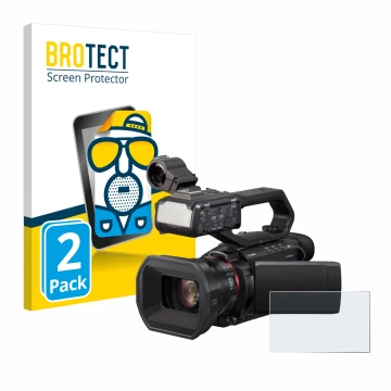 Front side of a product packaging with the brand logo BROTECT. Next to it is the device Panasonic HC-X2000 shown with the corr