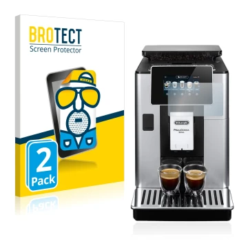 Front side of a product packaging with the brand logo BROTECT. Next to it is the device DeLonghi PrimaDonna Soul ECAM610.74.MB