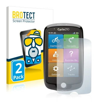 Front side of a product packaging with the brand logo BROTECT. Next to it is the device Mio Cyclo 210 shown with the correspon