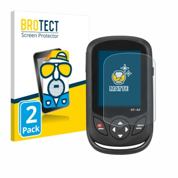 Front side of a product packaging with the brand logo BROTECT. Next to it is the device Hti HT A2 shown with the corresponding