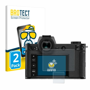 Front side of a product packaging with the brand logo BROTECT. Next to it is the device Leica SL2-S shown with the correspondi