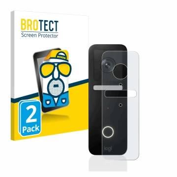 Front side of a product packaging with the brand logo BROTECT. Next to it is the device Logitech Circle View Doorbell shown wi
