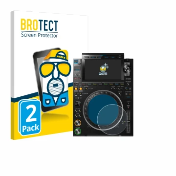 Front side of a product packaging with the brand logo BROTECT. Next to it is the device Pioneer CDJ 3000 (circle) shown with t
