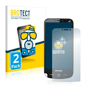 Front side of a product packaging with the brand logo BROTECT. Next to it is the device Brondi Amico Dual Sim shown with the c
