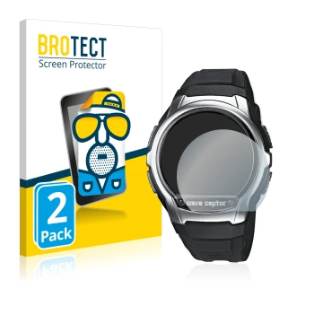 Front side of a product packaging with the brand logo BROTECT. Next to it is the device Casio Wave Ceptor WV-58 shown with the
