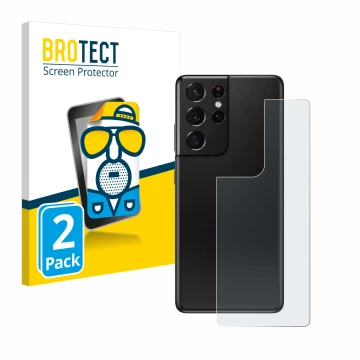 Front side of a product packaging with the brand logo BROTECT. Next to it is the device Samsung Galaxy S21 Ultra 5G (Back) sho