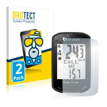 Front side of a product packaging with the brand logo BROTECT. Next to it is the device Bryton Rider 15 neo shown with the cor