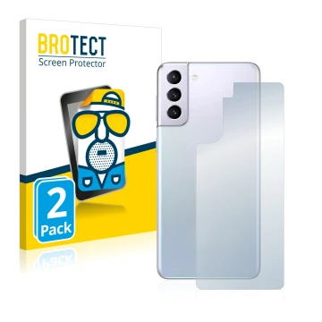 Front side of a product packaging with the brand logo BROTECT. Next to it is the device Samsung Galaxy S21 (Back) shown with t