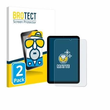 Front side of a product packaging with the brand logo BROTECT. Next to it is the device Apple iPad Mini 6 WiFi 2021 shown with