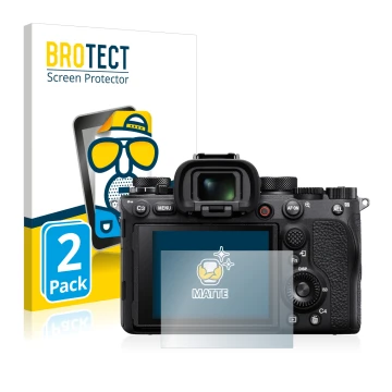 Front side of a product packaging with the brand logo BROTECT. Next to it is the device Sony Alpha 1 shown with the correspond