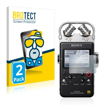 Front side of a product packaging with the brand logo BROTECT. Next to it is the device Sony PCM D100 shown with the correspon