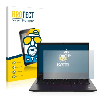 Front side of a product packaging with the brand logo BROTECT. Next to it is the device Lenovo ThinkPad L13 Gen 2 shown with t