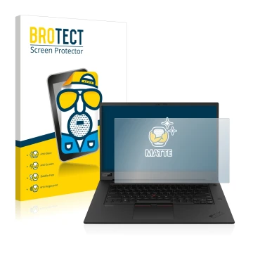 Front side of a product packaging with the brand logo BROTECT. Next to it is the device Lenovo ThinkPad P1 Gen 3 shown with th