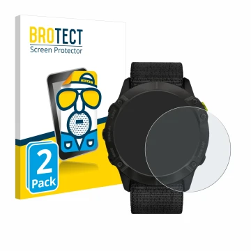 Front side of a product packaging with the brand logo BROTECT. Next to it is the device Garmin Enduro shown with the correspon