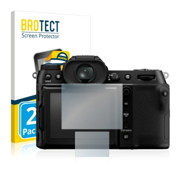 Front side of a product packaging with the brand logo BROTECT. Next to it is the device Fujifilm GFX100S shown with the corres