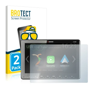 Front side of a product packaging with the brand logo BROTECT. Next to it is the device Zenec Z-N965 shown with the correspond