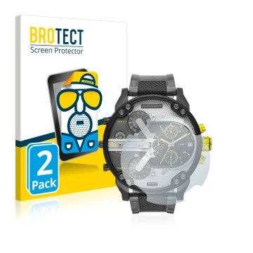 Front side of a product packaging with the brand logo BROTECT. Next to it is the device Diesel DZ7422 Mr. Daddy 2.0 shown with