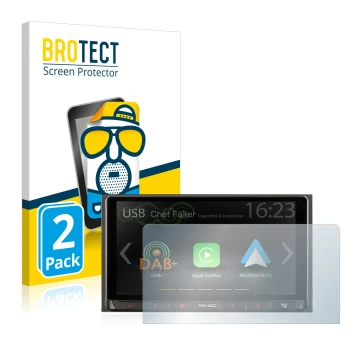 Front side of a product packaging with the brand logo BROTECT. Next to it is the device Zenec Z-N528 shown with the correspond