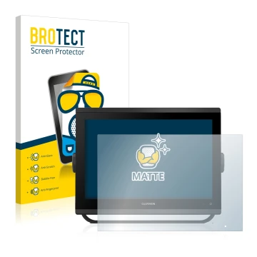 Front side of a product packaging with the brand logo BROTECT. Next to it is the device Garmin GPSMAP 1223 shown with the corr