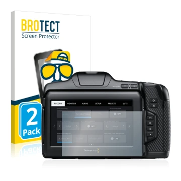 Front side of a product packaging with the brand logo BROTECT. Next to it is the device Blackmagic Pocket Cinema Camera 6K Pro