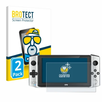 Front side of a product packaging with the brand logo BROTECT. Next to it is the device GPD Win 3 shown with the corresponding