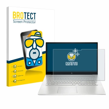 Front side of a product packaging with the brand logo BROTECT. Next to it is the device HP Envy 17-cX shown with the correspon