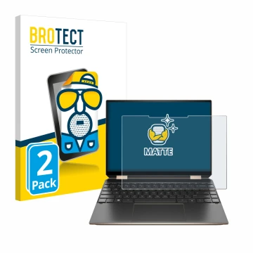 Front side of a product packaging with the brand logo BROTECT. Next to it is the device HP Spectre x360 (14-eX) 2021 shown wit