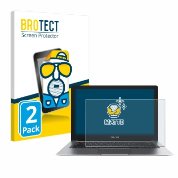 Front side of a product packaging with the brand logo BROTECT. Next to it is the device Chuwi HeroBook Pro Plus shown with the