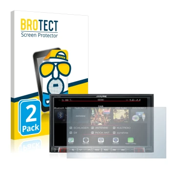 Front side of a product packaging with the brand logo BROTECT. Next to it is the device Alpine iLX-702D shown with the corresp