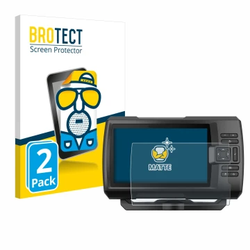 Front side of a product packaging with the brand logo BROTECT. Next to it is the device Garmin Striker Vivid 7cv shown with th