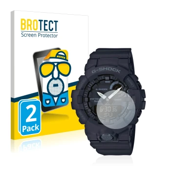Front side of a product packaging with the brand logo BROTECT. Next to it is the device Casio G-Shock GBA800 shown with the co