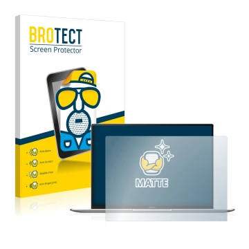 Front side of a product packaging with the brand logo BROTECT. Next to it is the device Huawei MateBook X Pro 2021 shown with 