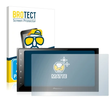 Front side of a product packaging with the brand logo BROTECT. Next to it is the device Pioneer SPH-DA250DAB shown with the co