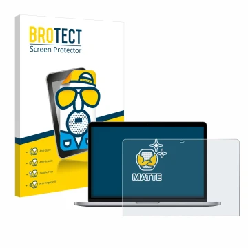 Front side of a product packaging with the brand logo BROTECT. Next to it is the device Apple MacBook Pro 13