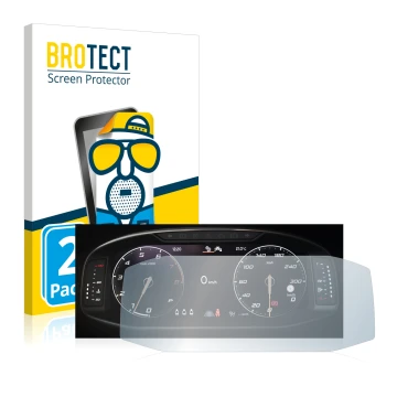 Front side of a product packaging with the brand logo BROTECT. Next to it is the device Seat Ateca Facelift 10.25