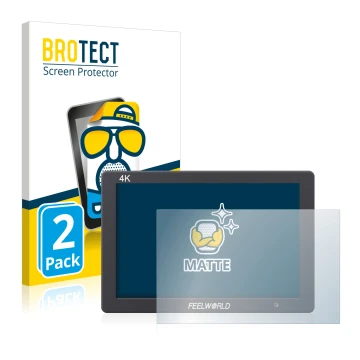 Front side of a product packaging with the brand logo BROTECT. Next to it is the device Feelworld FW279 7
