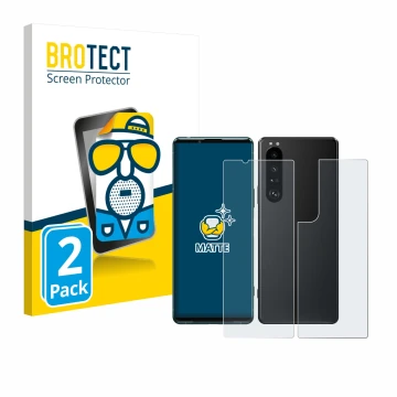 Front side of a product packaging with the brand logo BROTECT. Next to it is the device Sony Xperia 5 III (Front+Back) shown w