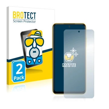 Front side of a product packaging with the brand logo BROTECT. Next to it is the device Xiaomi Poco M3 Pro 5G shown with the c