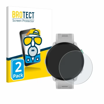 Front side of a product packaging with the brand logo BROTECT. Next to it is the device Garmin Forerunner 55 shown with the co