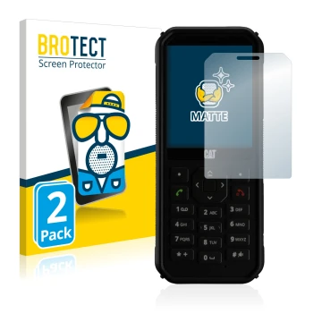 Front side of a product packaging with the brand logo BROTECT. Next to it is the device Caterpillar Cat B40 shown with the cor