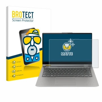 Front side of a product packaging with the brand logo BROTECT. Next to it is the device Lenovo ThinkBook 14s Yoga shown with t