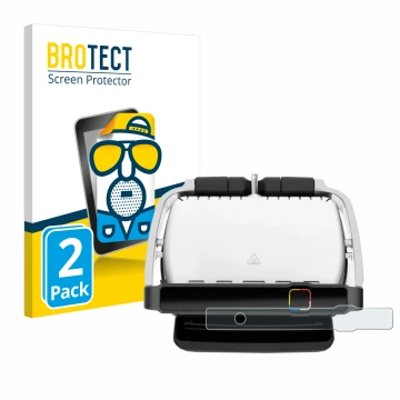 Front side of a product packaging with the brand logo BROTECT. Next to it is the device Tefal OptiGrill Elite shown with the c