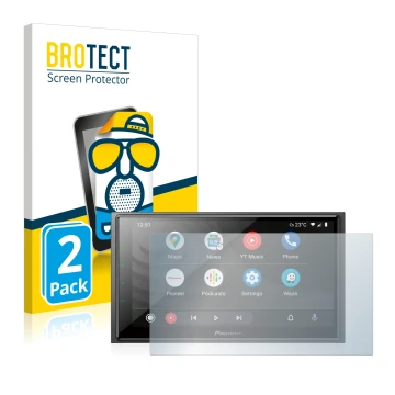 Front side of a product packaging with the brand logo BROTECT. Next to it is the device Pioneer SPH-EVO64DAB shown with the co