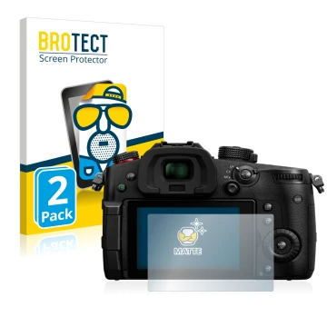Front side of a product packaging with the brand logo BROTECT. Next to it is the device Panasonic Lumix DC-GH5 II shown with t