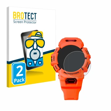 Front side of a product packaging with the brand logo BROTECT. Next to it is the device Casio G-Shock GBA-900 shown with the c