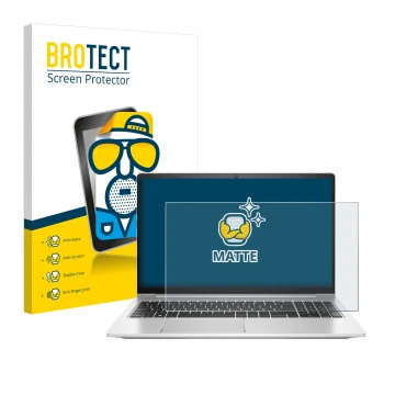 Front side of a product packaging with the brand logo BROTECT. Next to it is the device HP ProBook 450 G8 shown with the corre