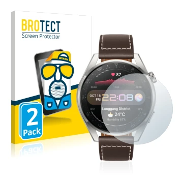 Front side of a product packaging with the brand logo BROTECT. Next to it is the device Huawei Watch 3 Pro shown with the corr